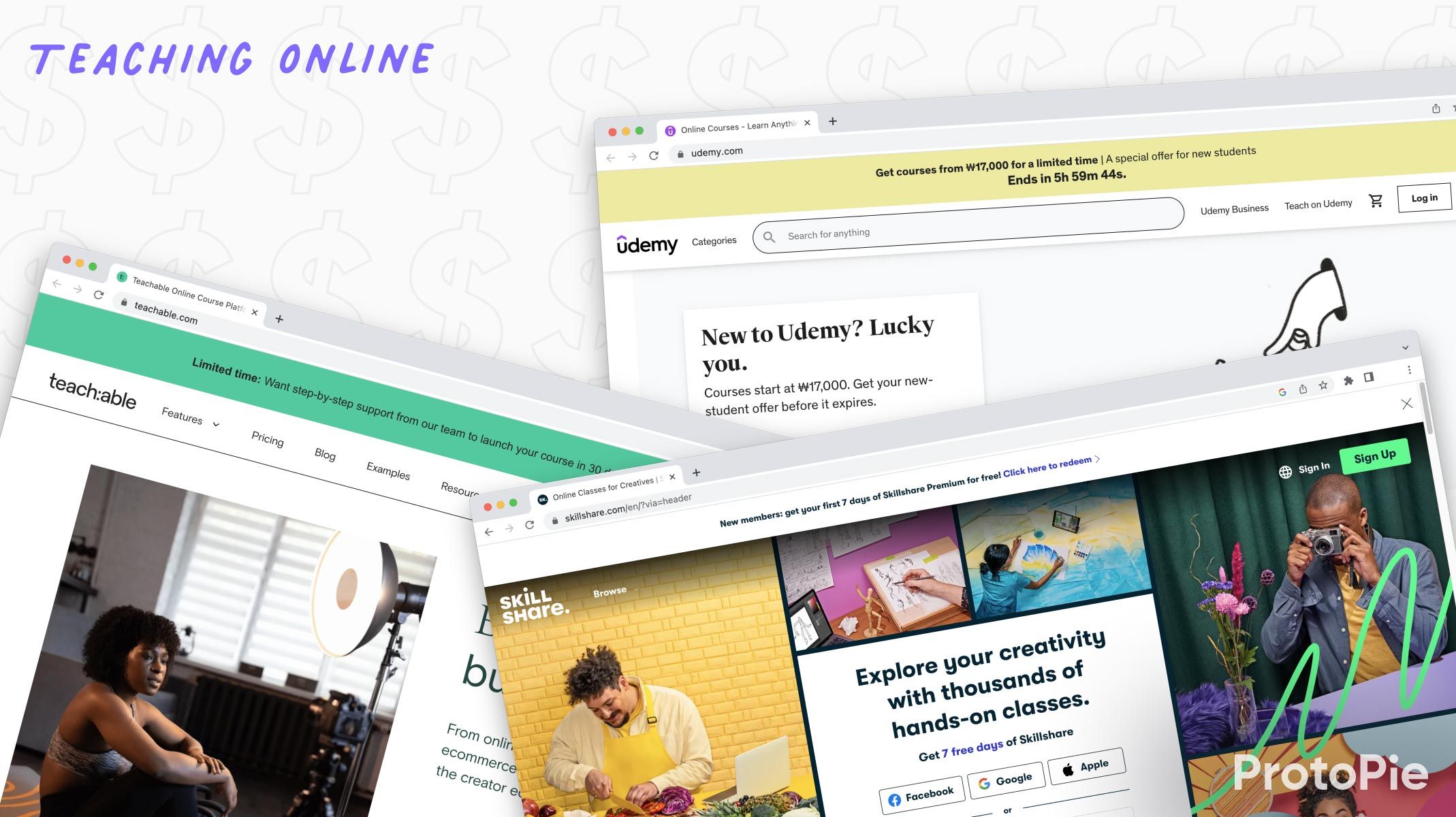 screenshots from platforms teachable, udemy, and skillshare