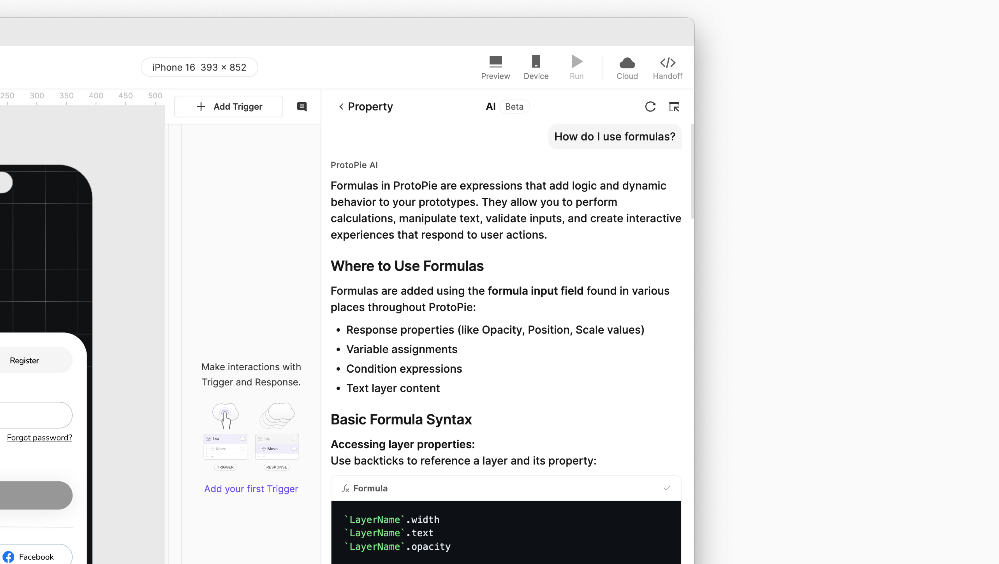 ProtoPie AI interface showing the document Q&A panel where users can ask questions about ProtoPie features and formulas, with AI providing instant answers and documentation links without leaving the workspace