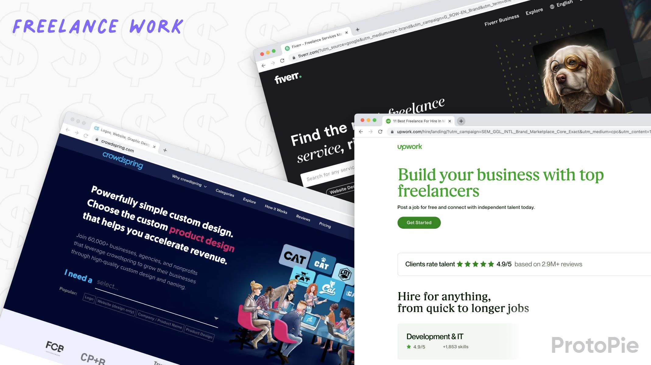 screenshots from crowdspring, fiverr, and upwork