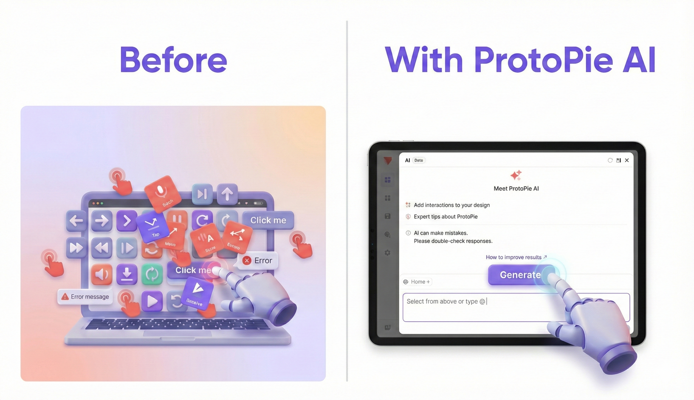 A comparison image split into two sections, titled 'Before' and 'With ProtoPie AI'. The 'Before' section on the left shows a laptop with a chaotic, cluttered screen full of many small red and purple interaction icons, error messages, and a robotic hand frantically clicking, representing a manual and difficult process. The 'With ProtoPie AI' section on the right shows a clean tablet screen displaying the ProtoPie AI interface with a large 'Generate' button being simply tapped by a robotic hand, representing a streamlined, AI-assisted process