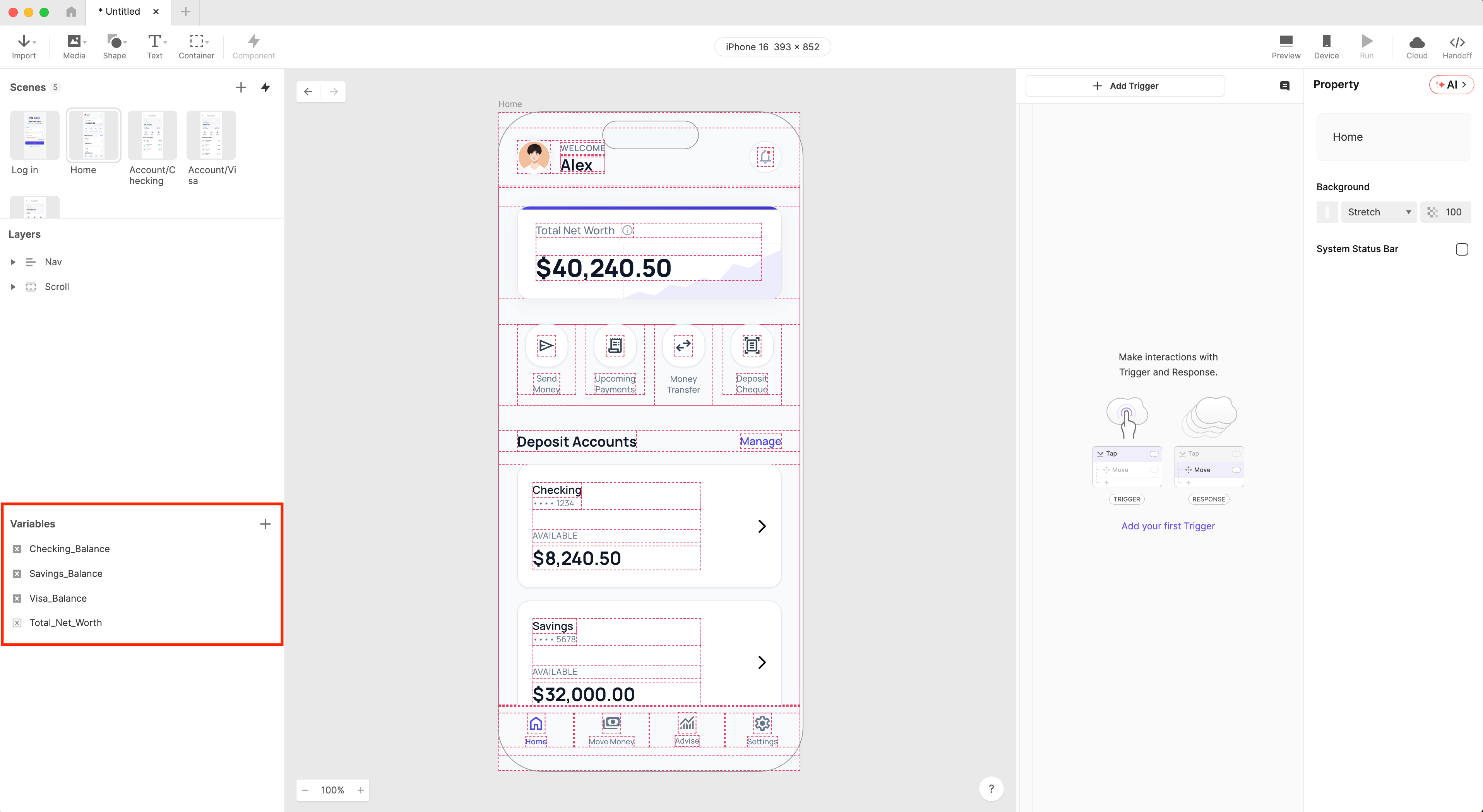 ProtoPie variables panel showing four configured variables — total_net_worth scoped to This Scene, and checking_balance, savings_balance, and visa_balance scoped to For All Scenes — all set to Number type with a default value of zero