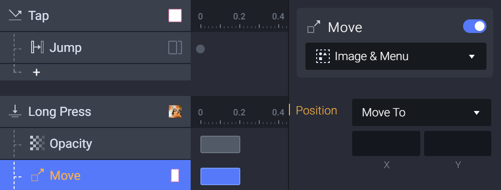 Add a Move response attached to Image & Menu under the Long Press trigger.