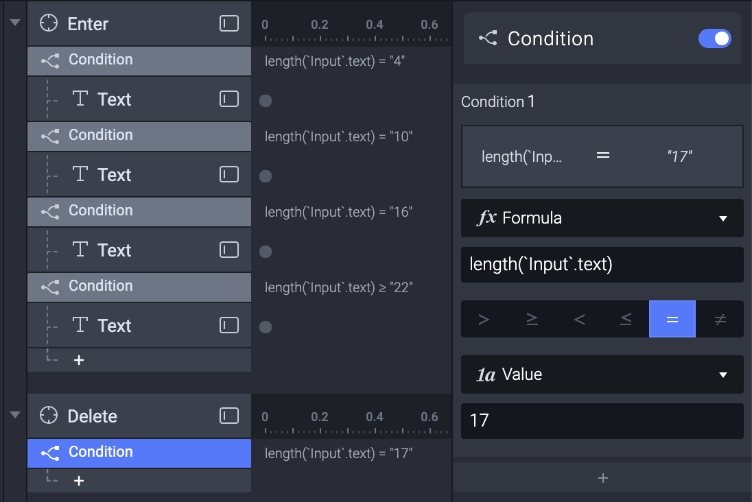 Photo showing the creation of the 17 character length condition for the "Input" text layer. 