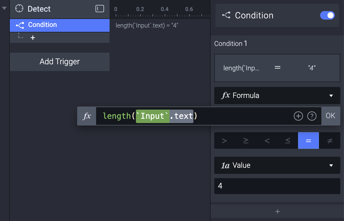 Photo showing how to create a detectable condition for when the Input's character length reaches 4.