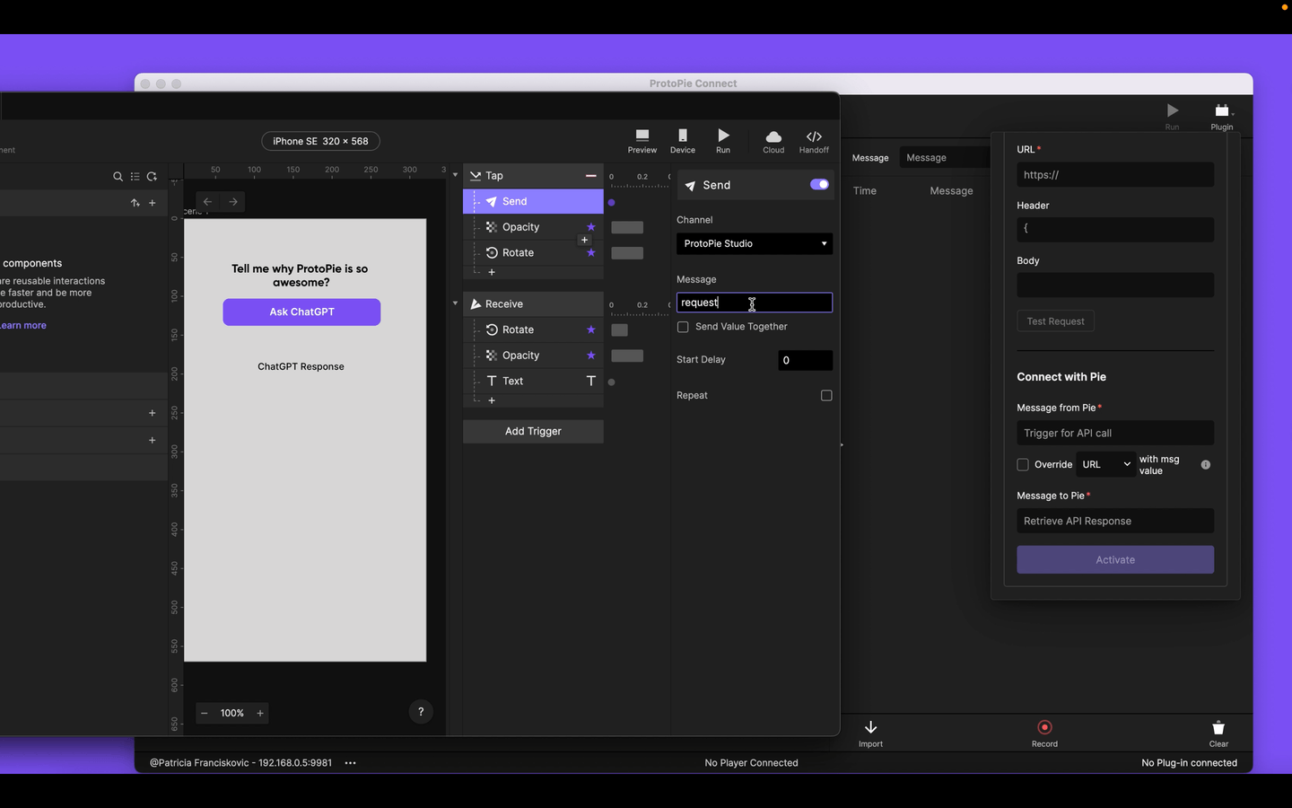 The interface of ProtoPie Connect and its API plugin. 