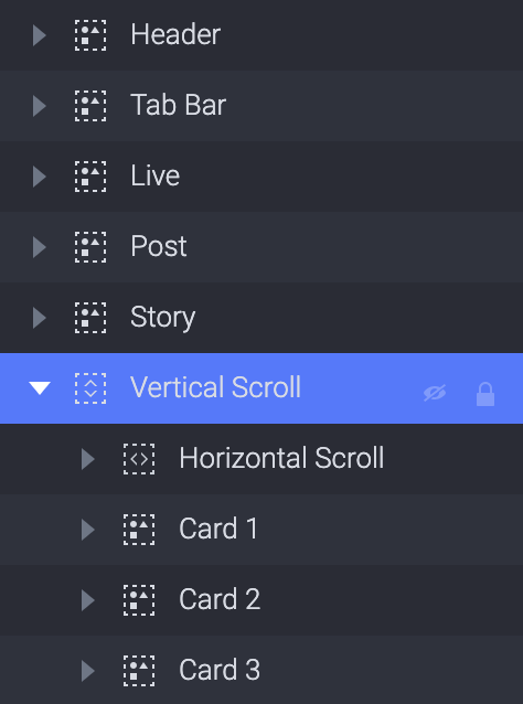 Drag Horizontal Scroll, Card1, Card2, Card3 into the Vertical Scroll 