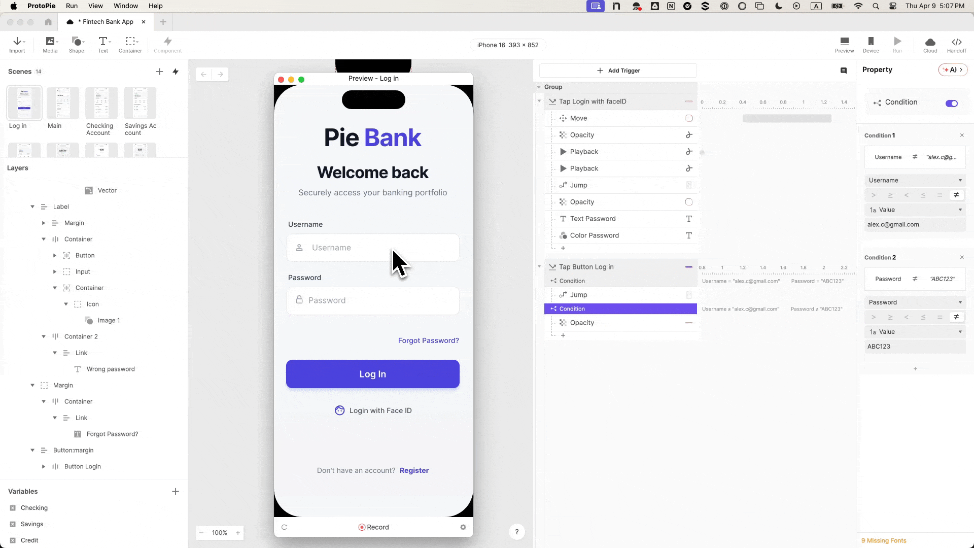 ProtoPie canvas showing the completed login scene in preview mode, with the full interaction panel displaying the Face ID tap trigger sequence and conditional logic for username and password validation