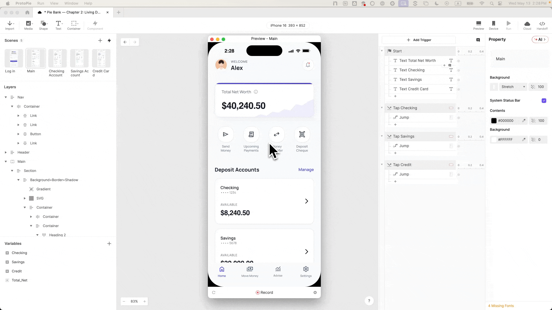 The completed dashboard — four variables, one formula, and a prototype that carries real financial state across every screen.