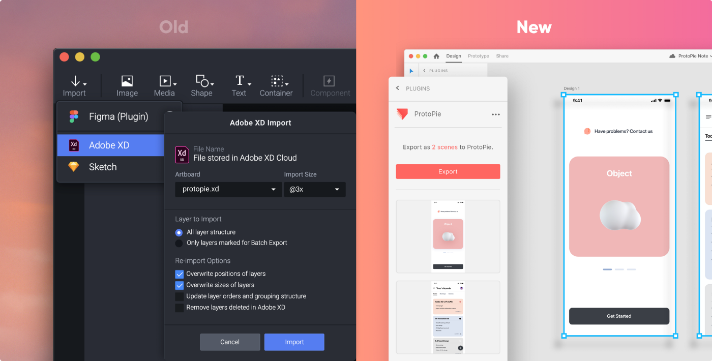 the legacy Adobe XD import and the new ProtoPie plugin for Adobe XD comparison