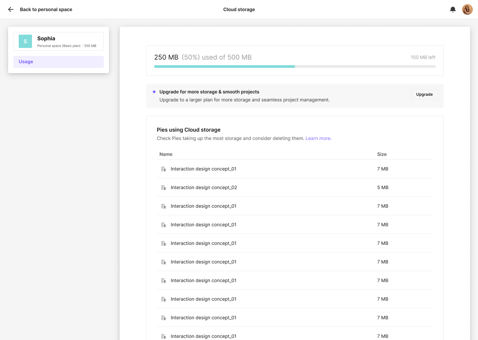 With the Basic plan, you can store up to 500 MB of Pie files. 