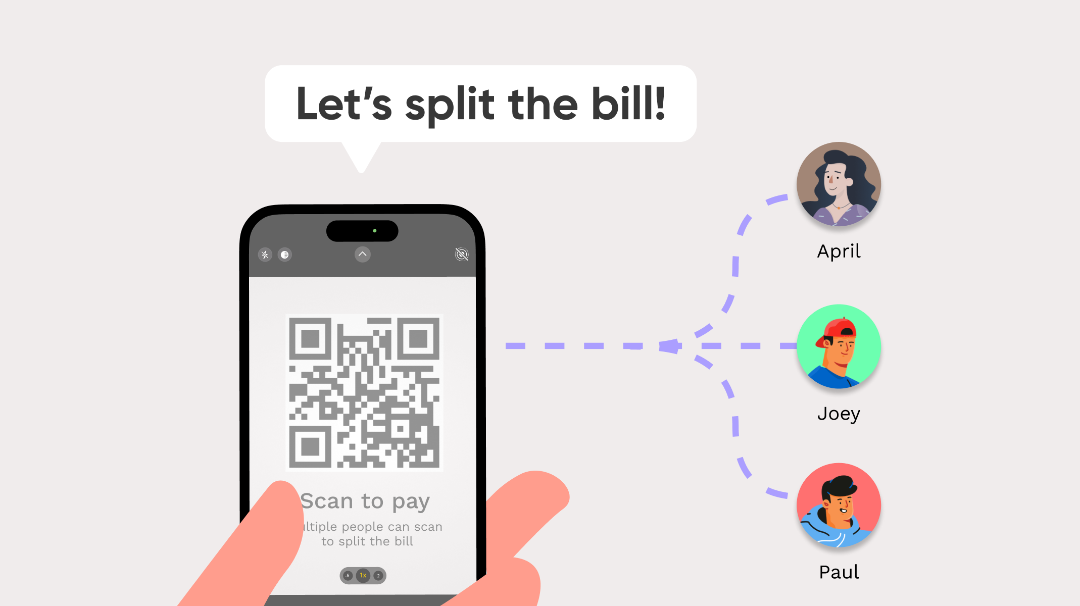A smartphone scanning a QR code to split a restaurant bill in real time, with multiple users joining the session simultaneously — built in ProtoPie
