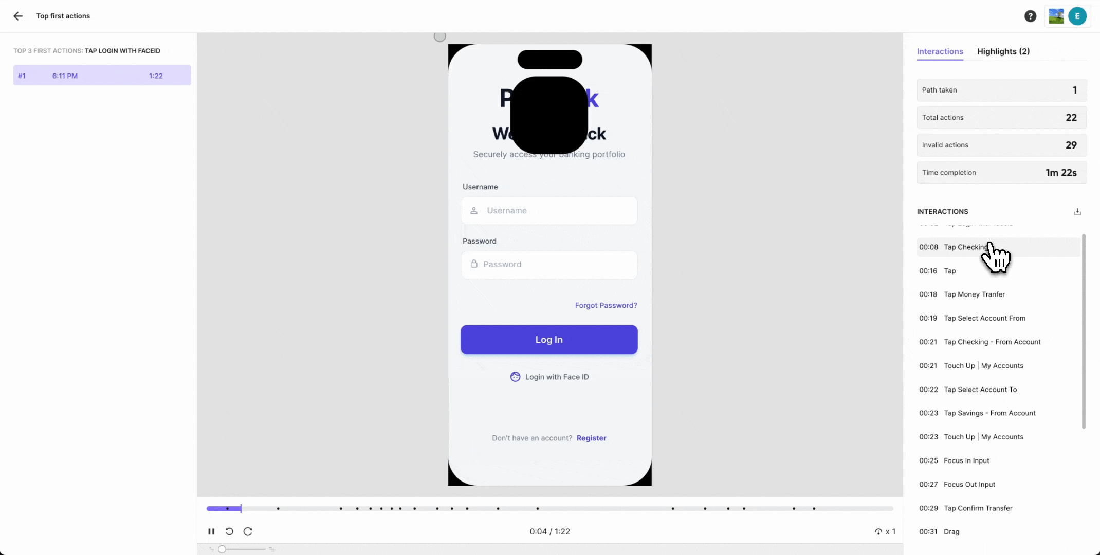 ProtoPie User Testing session replay showing a banking prototype alongside a timestamped interaction log — capturing every tap, invalid action, and completion time for a participant's full test session.
