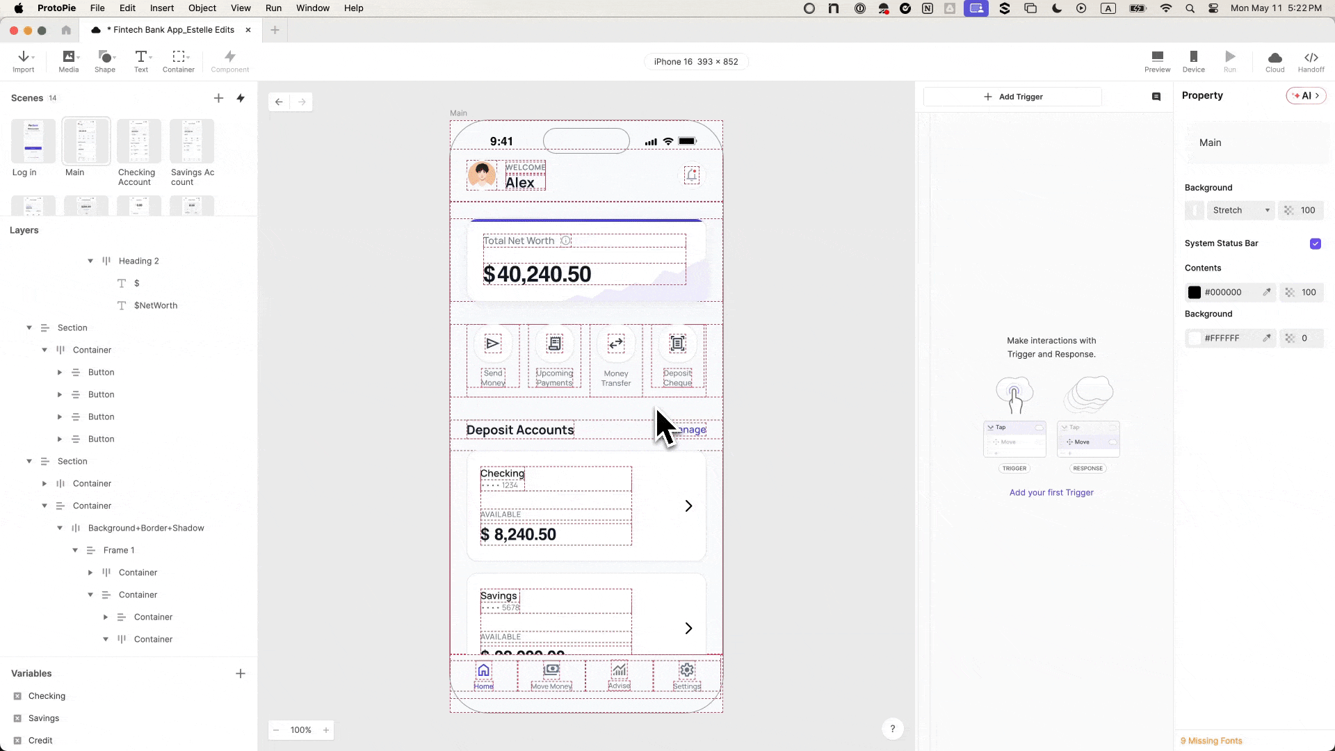ProtoPie interaction panel showing Tap trigger and Jump response interactions wired to the Checking, Savings, and Visa account scenes, with slide-in-from-right transition selected