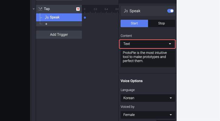 Screenshot of speak feature in ProtoPie Studio