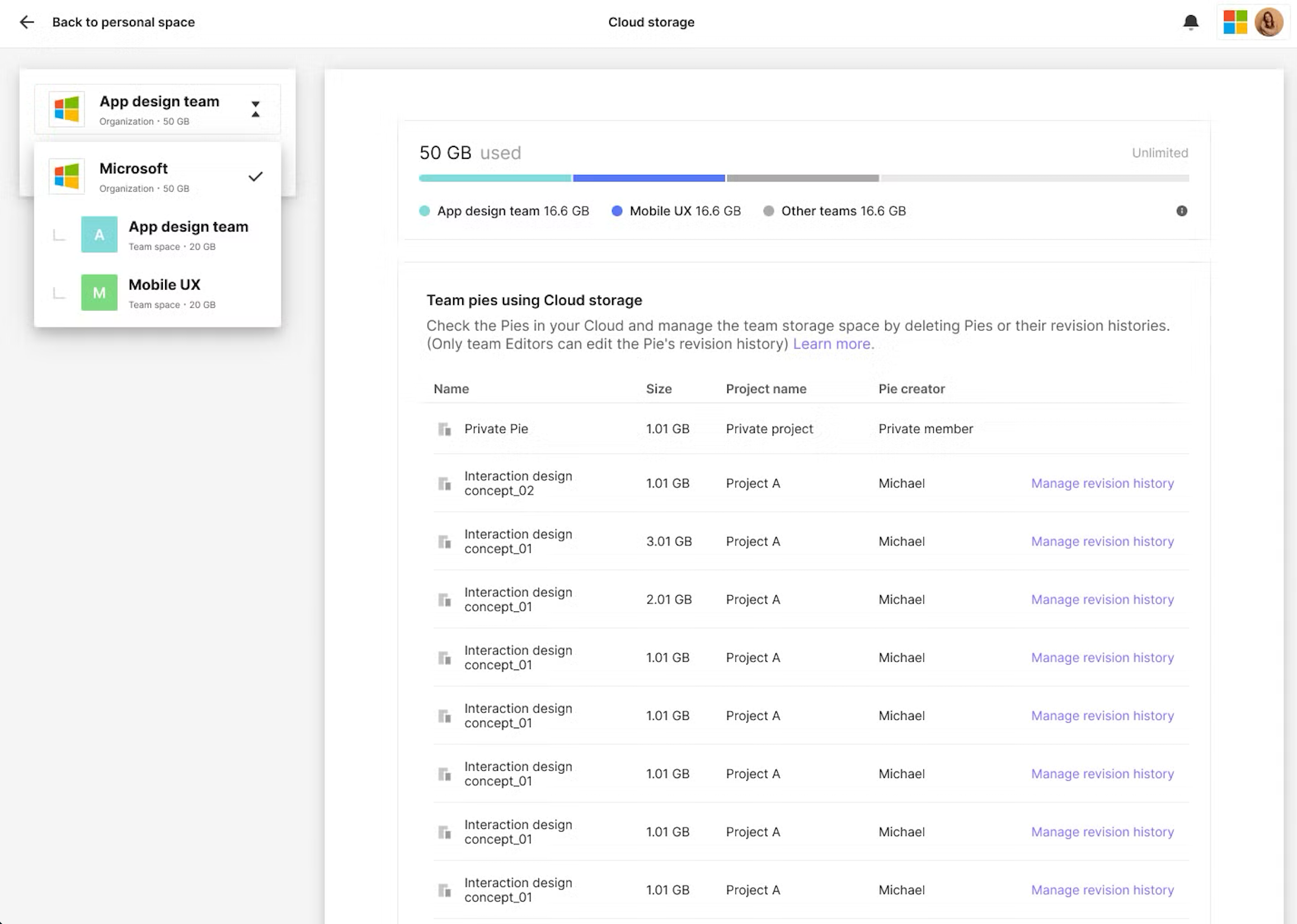 Enterprise cloud storage view with multiple teams.