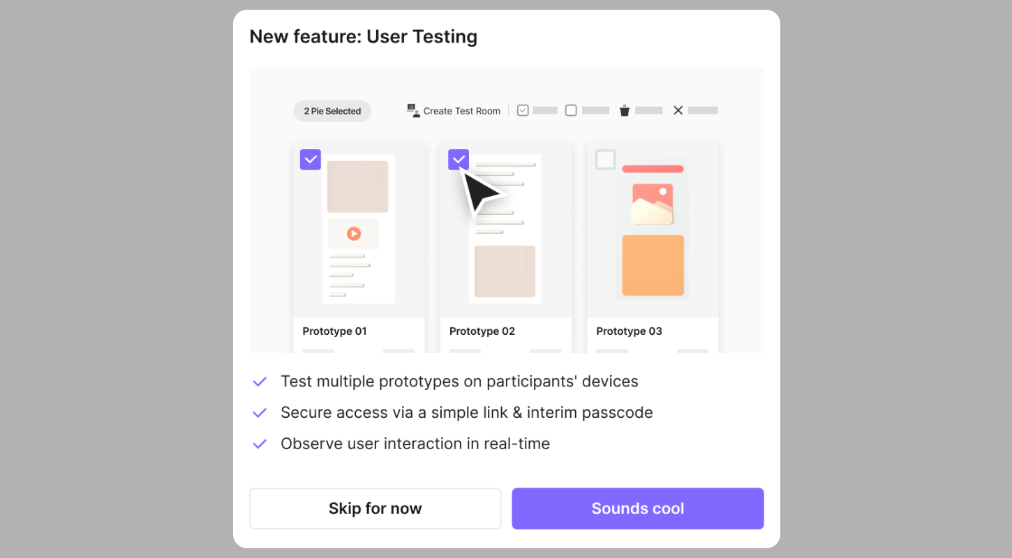 pop up message on the protopie cloud page inviting users to use the new user testing feature