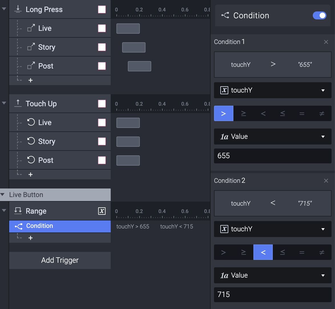 Add two conditions with the touchY variable as the property