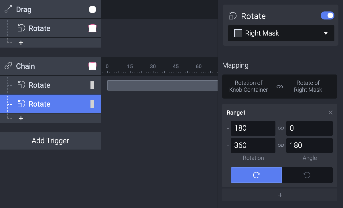 Select the Right Mask and add a rotate.
