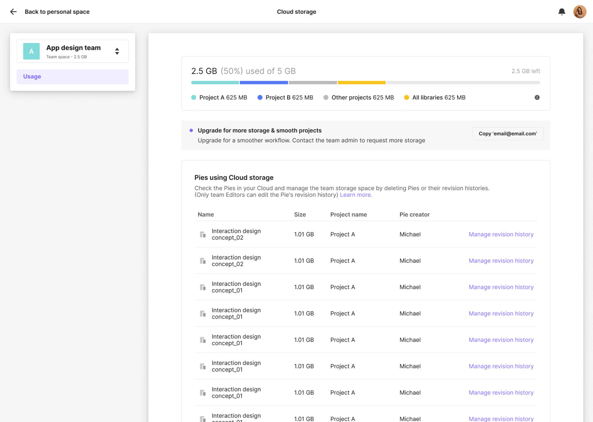 See at a glance which team projects use the most storage.