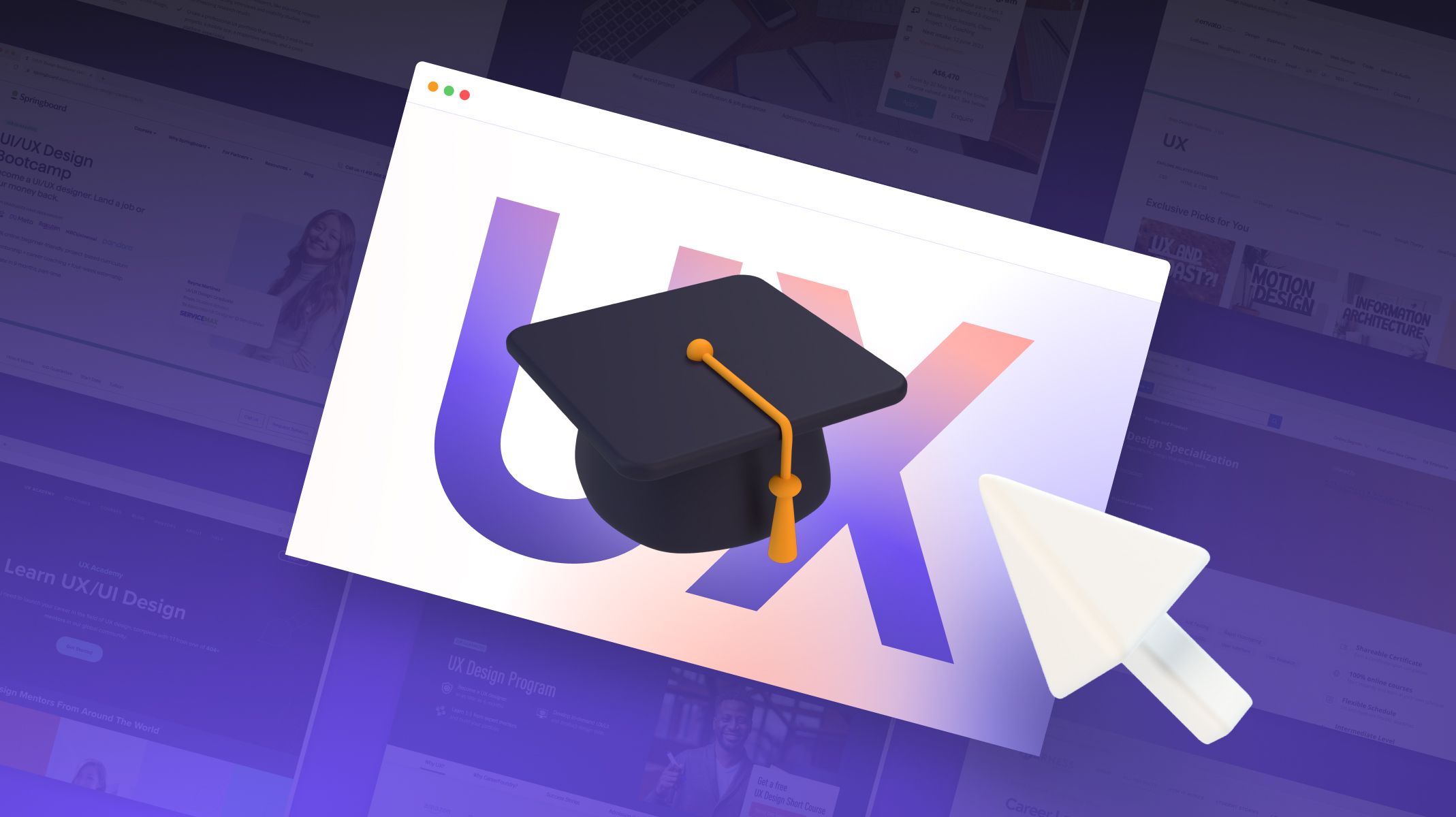 best online ux design courses thumbnail with a graduation hat on top of a ux sign