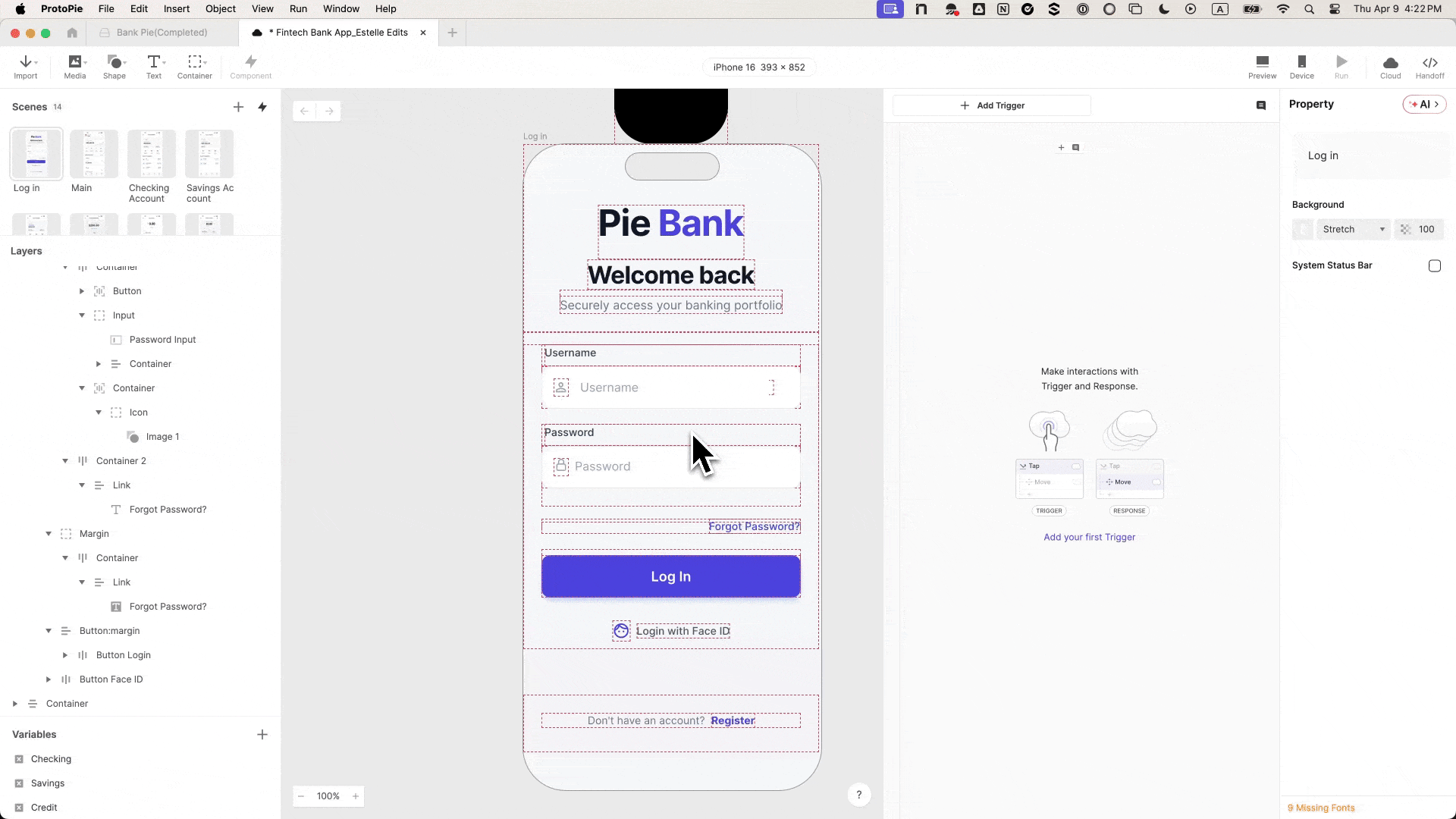 ProtoPie interaction panel showing a Tap trigger on the Log In button with a Jump response set to slide to the dashboard scene