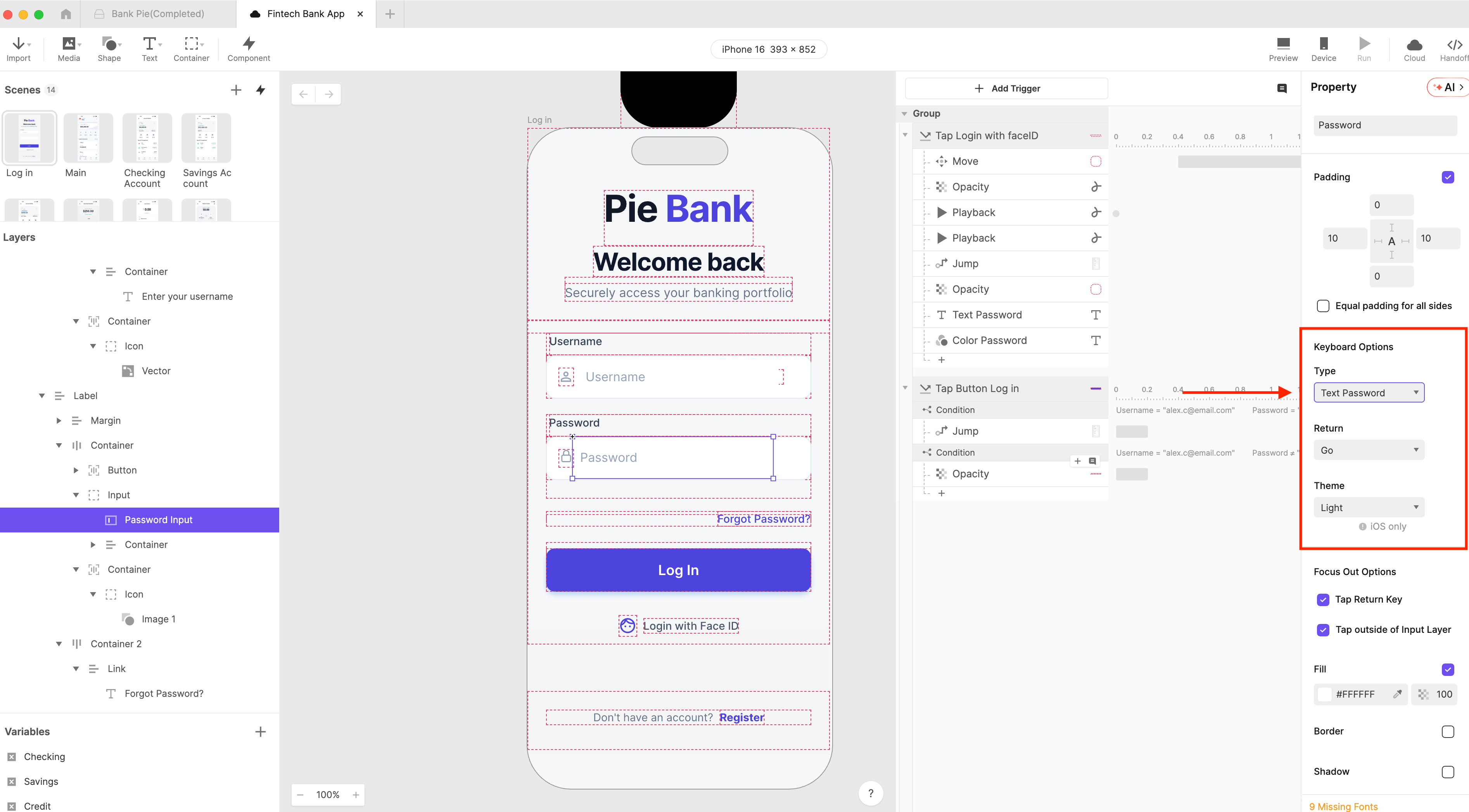 ProtoPie canvas showing the password input layer properties with Type set to Text Password to mask characters as dots