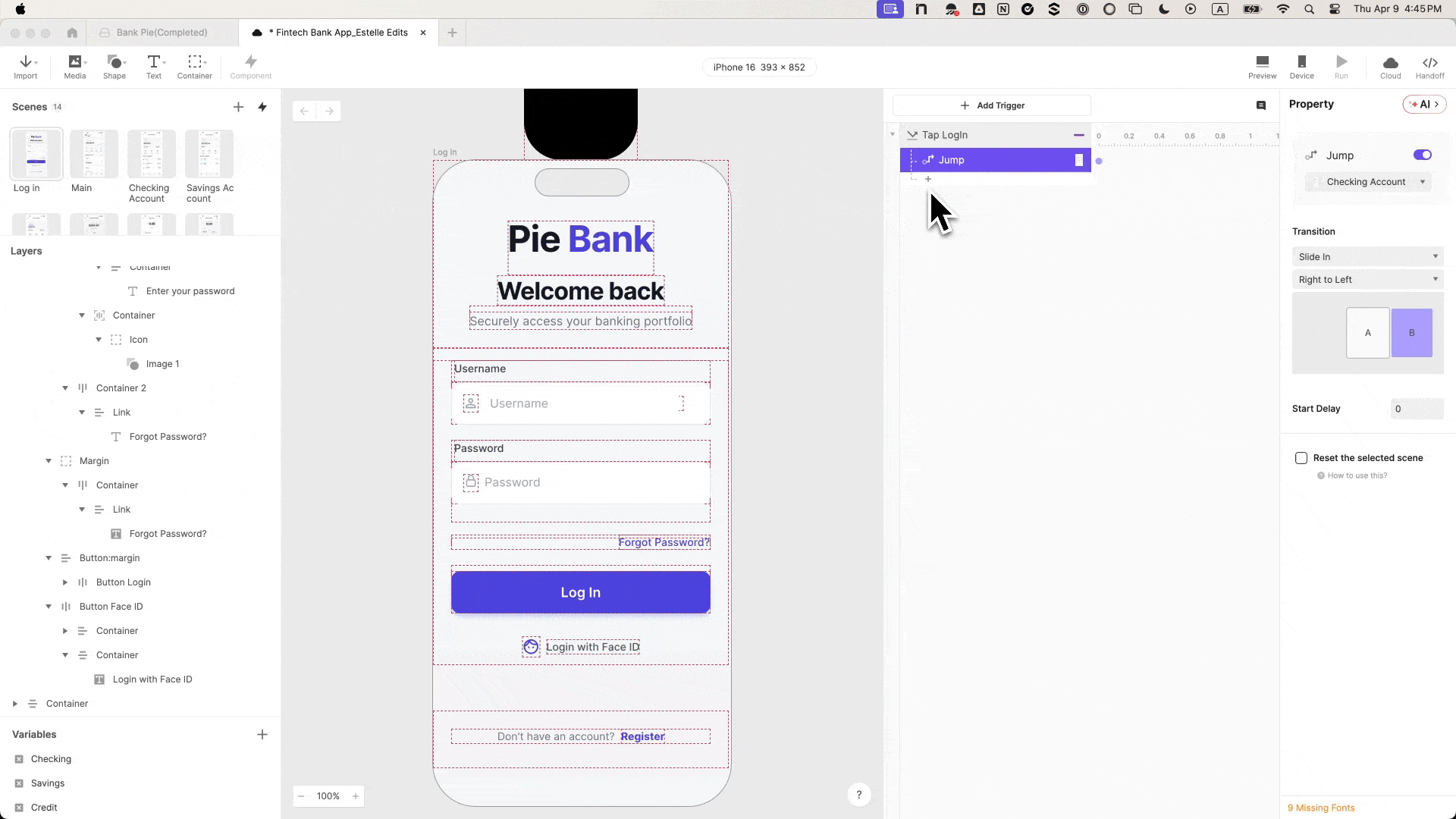 ProtoPie condition setup showing two conditions that must both be true — username and password variables matching specific values — before the Jump response fires