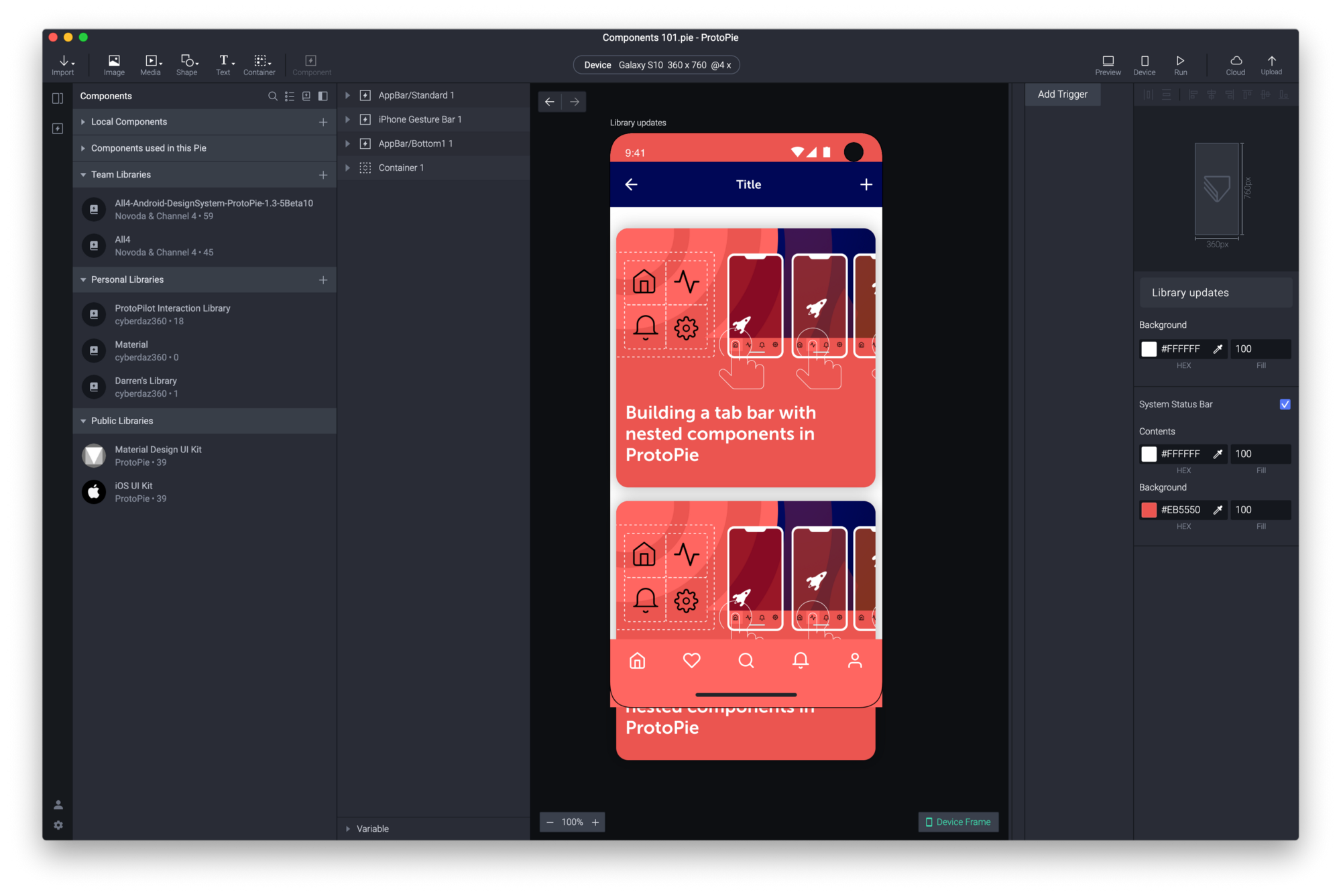 The revamped components panel showing libraries