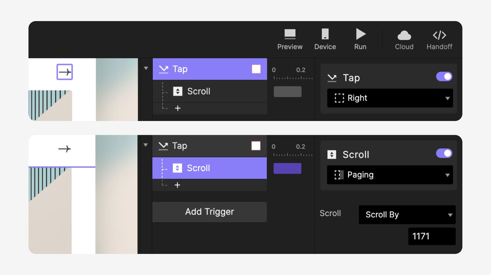 Move the scroll position of the "Paging" container by 1171px