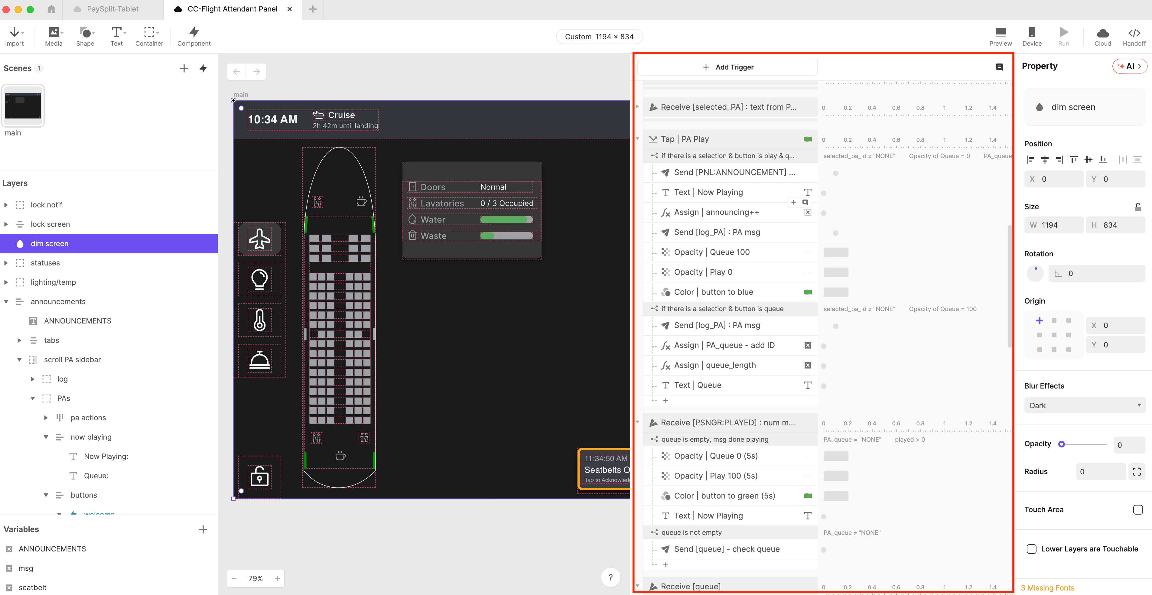Screenshot of the ProtoPie Studio interface highlighting the interaction timeline panel. The workspace features a detailed flight attendant panel prototype, showcasing the use of conditional logic, triggers, and responses to build advanced, high-fidelity UI interactions without coding.