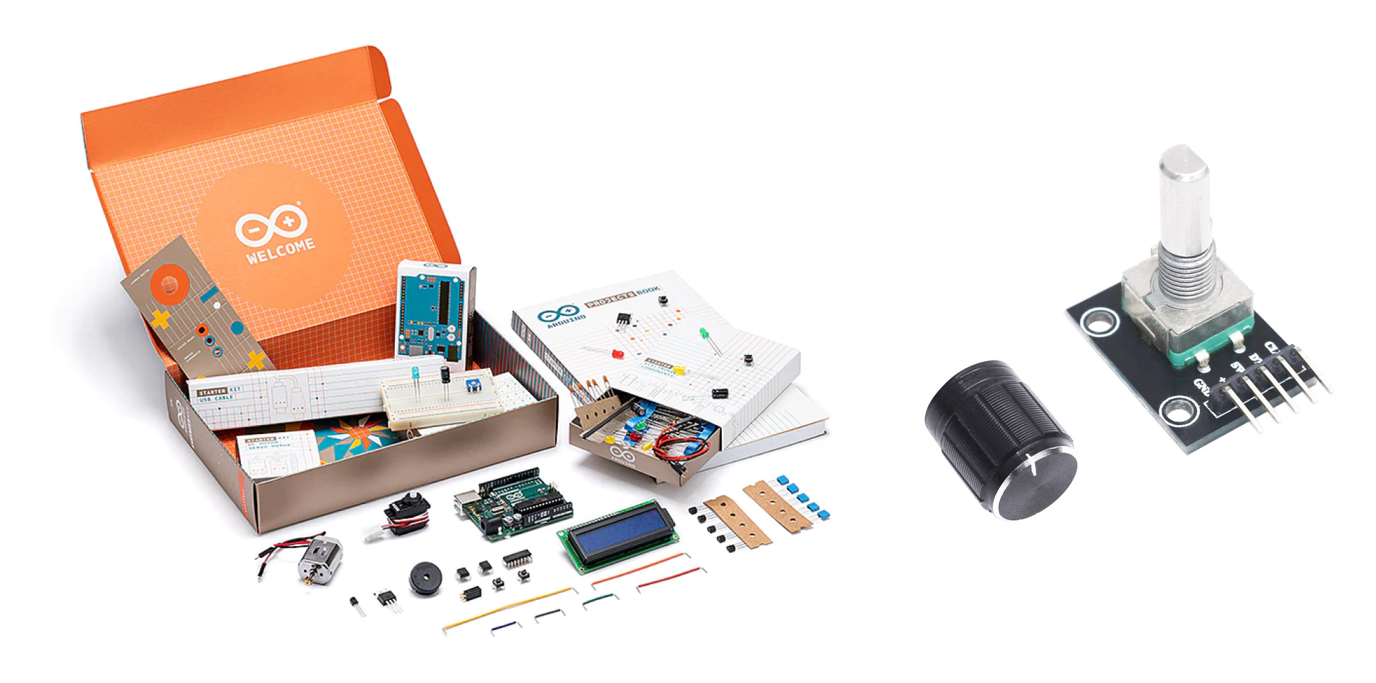 Buy the Official Arduino Starter Kit and some rotary encoders