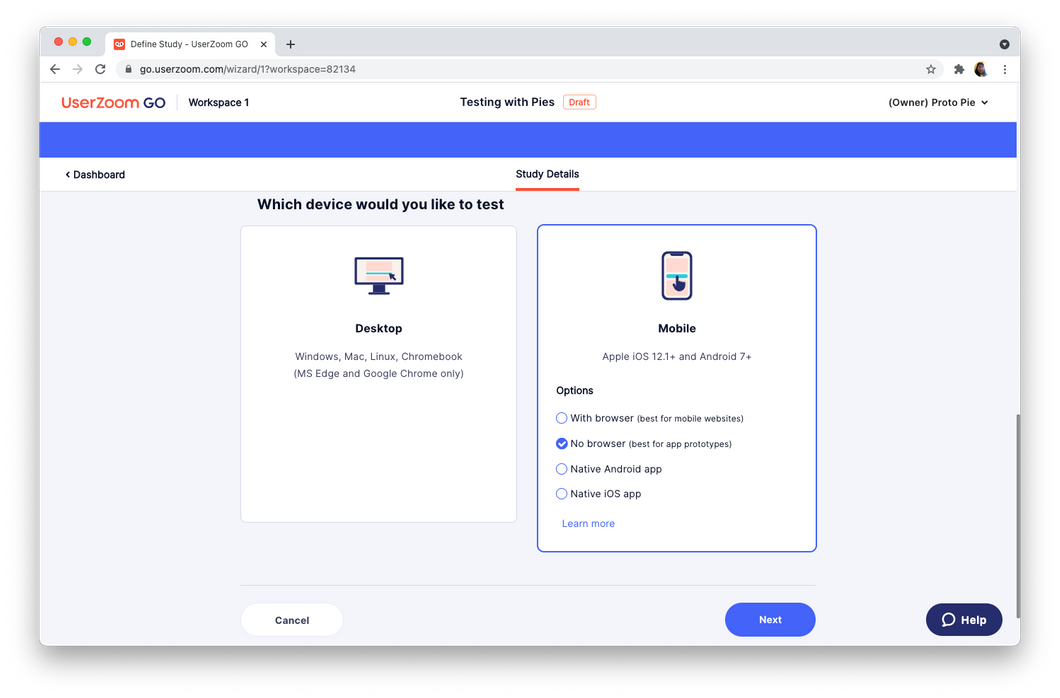 choose mobile option for the usability testing