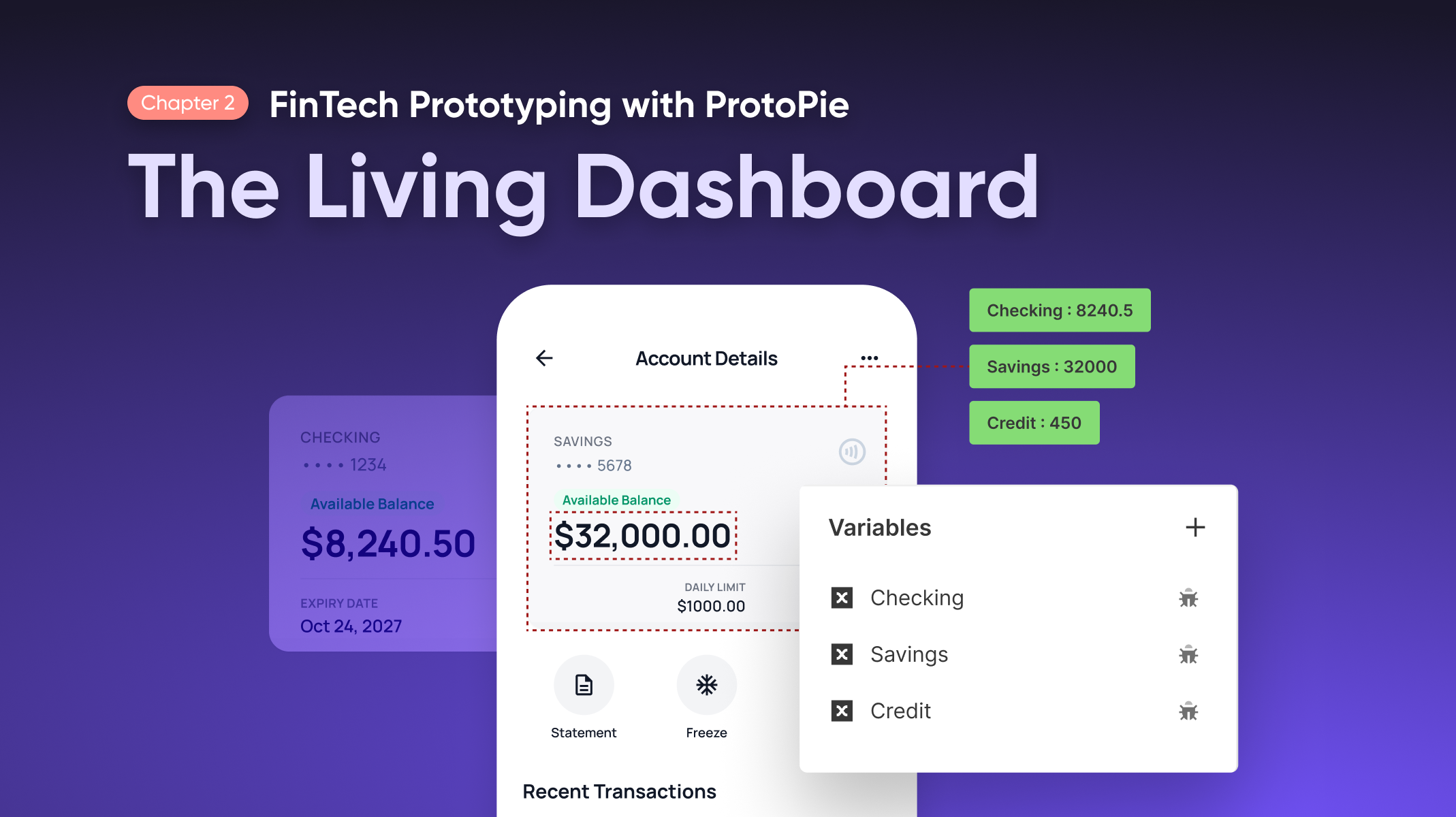Learn how to wire a live banking dashboard in ProtoPie using variables, real-time formulas, and scene navigation. Tutorial 2 of the FinTech Prototyping with ProtoPie series. meta-keywords: ProtoPie variables tutorial, FinTech dashboard prototype, ProtoPie formula, interactive dashboard prototype, ProtoPie scenes navigation, no code prototype banking app, ProtoPie financial data prototype