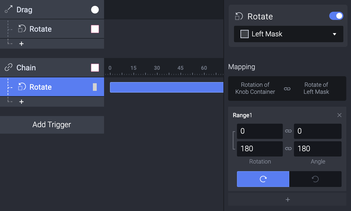 Select the Left Mask and add a rotate. Type in the values so all they go from 0 to 180.