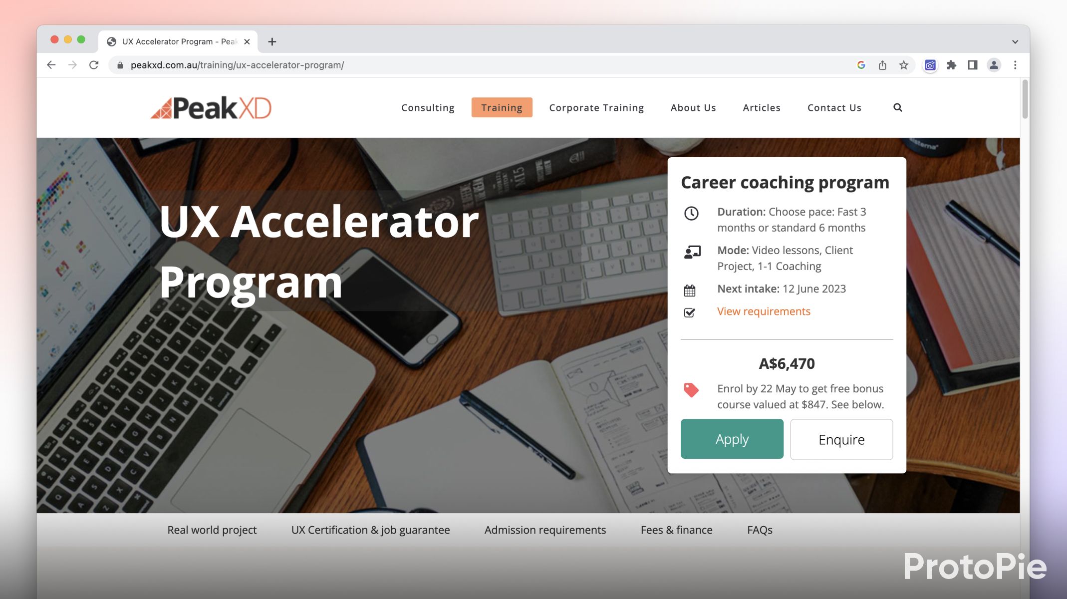 UX Accelerator Program from PeakXD website