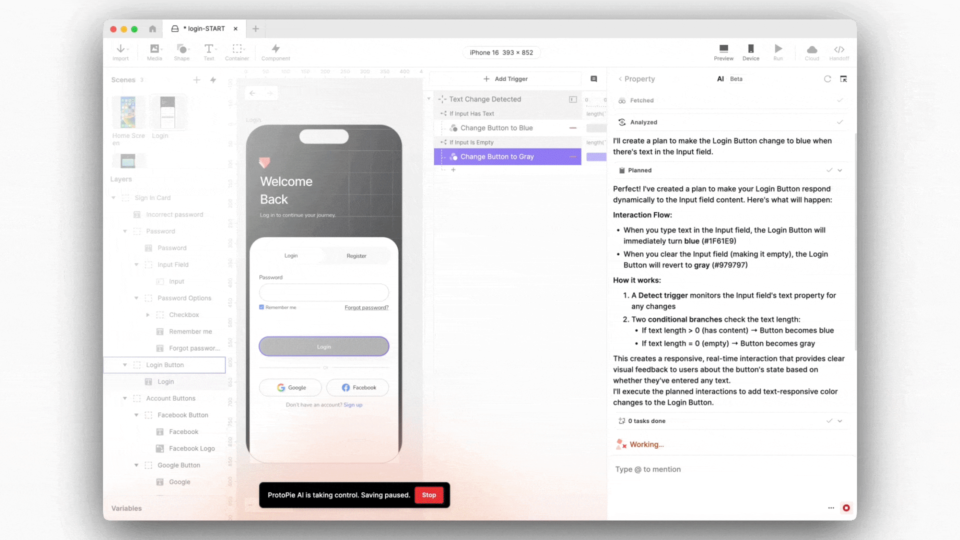 ProtoPie Studio canvas showing a designer directly editing AI-generated interactions by adjusting triggers, responses, and timing using the standard ProtoPie interface, demonstrating full manual control over AI outputs
