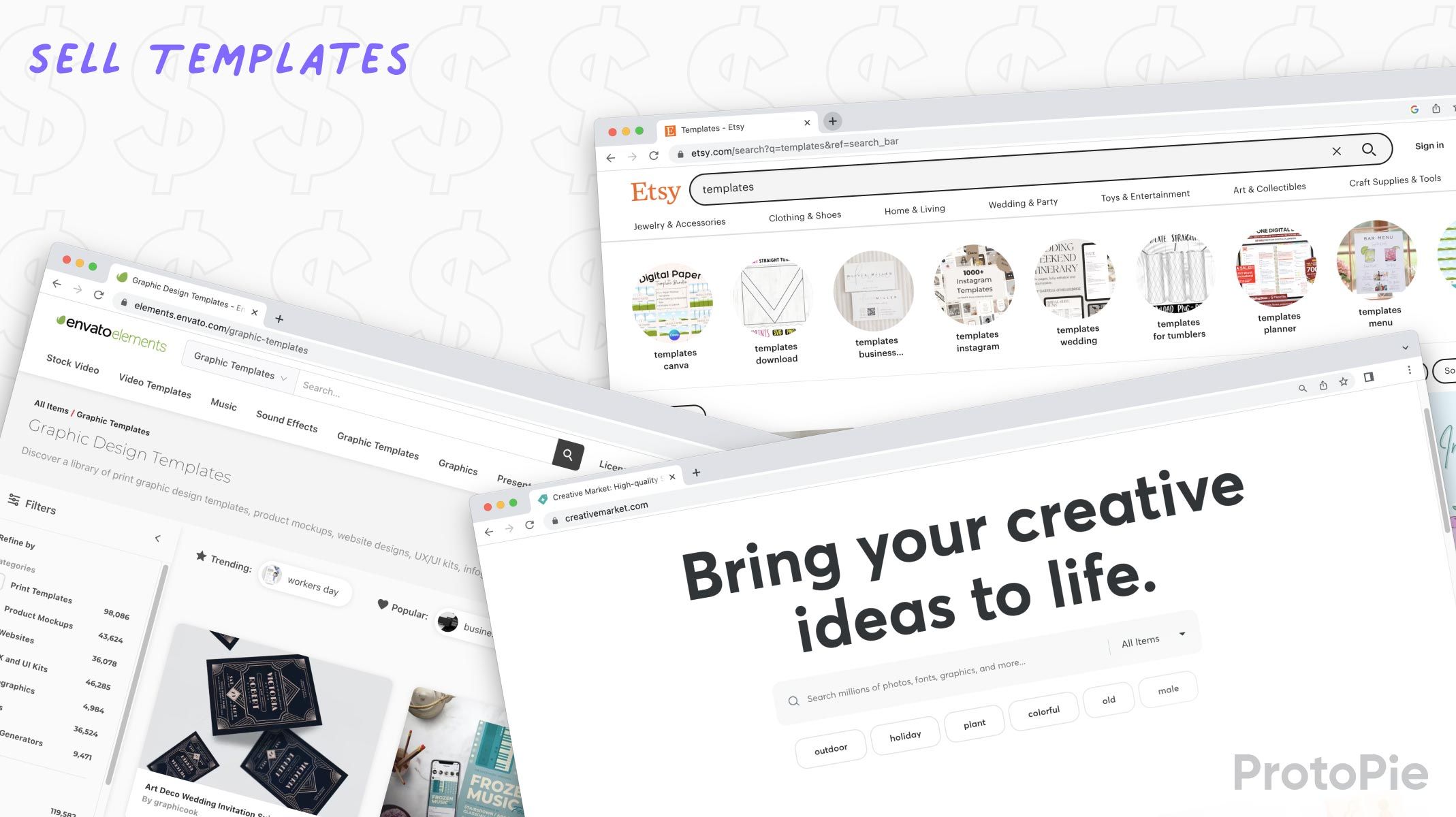 screenshots from platforms envato, etsy, and creative market