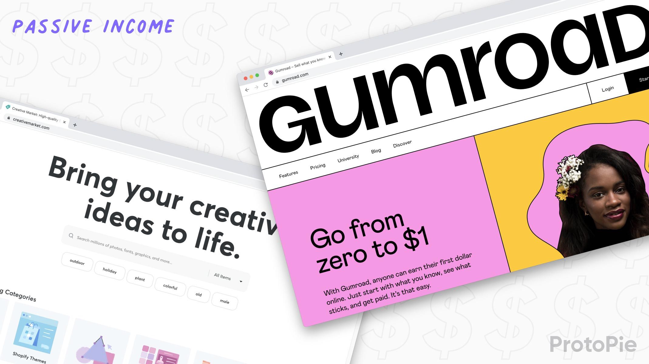 screenshots of platforms gumroad and creative market