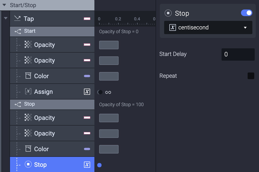 Under the stop condition, add a Stop response to the centisecond variable