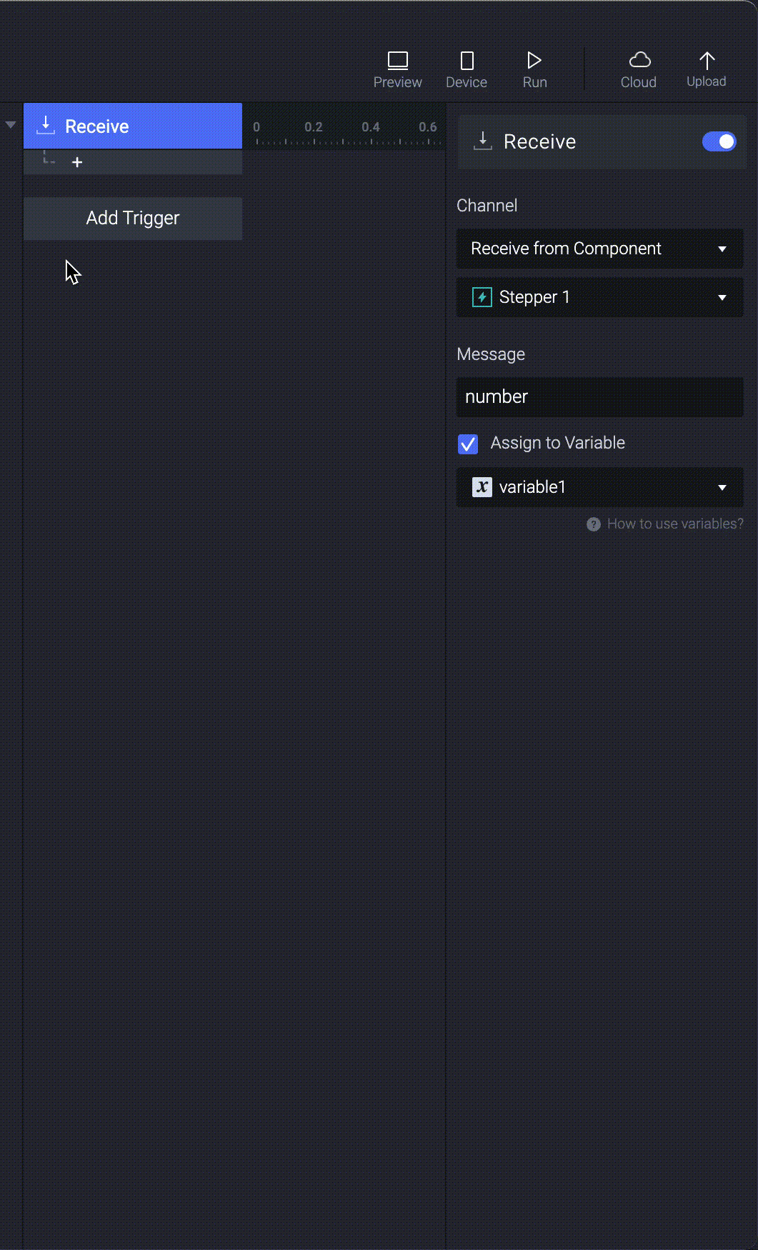 When you interact with the stepper on the main scene, the variable changes along with your interactions.