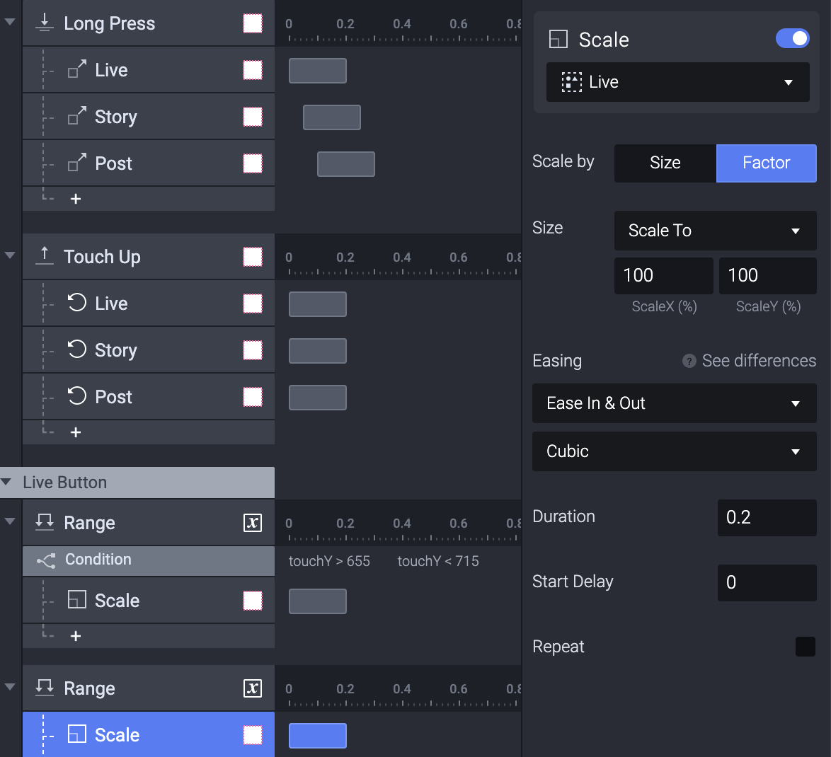 Add a Scale response under the Range trigger