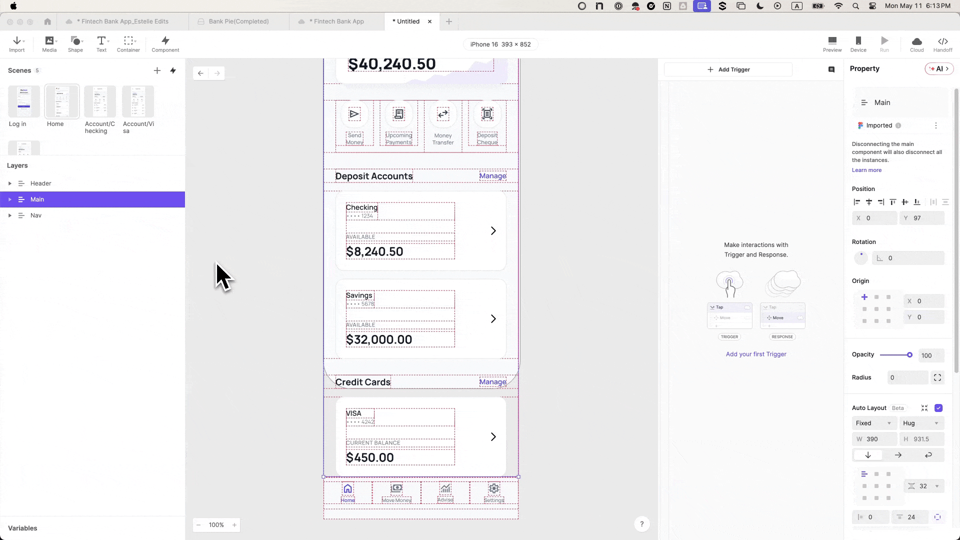 ProtoPie canvas showing the Pie Bank dashboard with the Scroll group selected, Clip Inner Layers enabled, and a top-to-bottom scroll interaction added, with the bottom navigation bar fixed in place