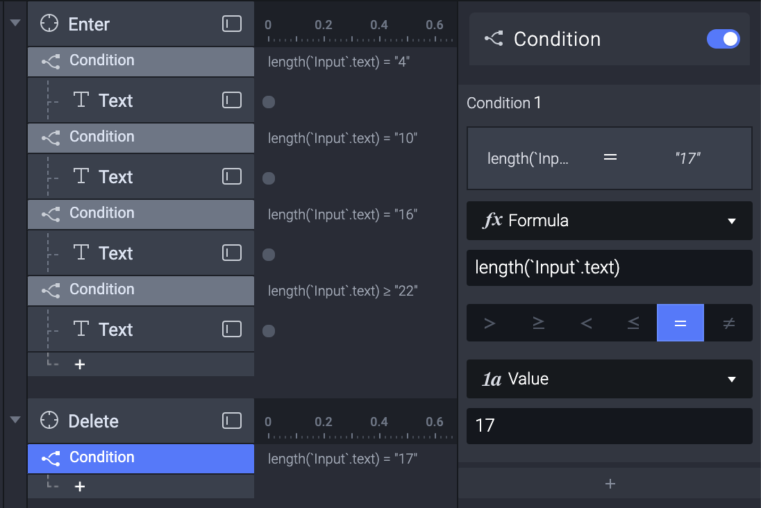 Photo showing the creation of the 17 character length condition for the "Input" text layer.
