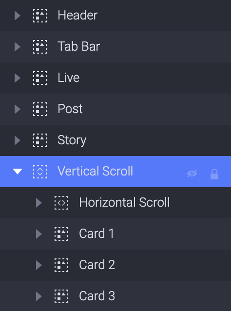 Drag Horizontal Scroll, Card1, Card2, Card3 into the Vertical Scroll