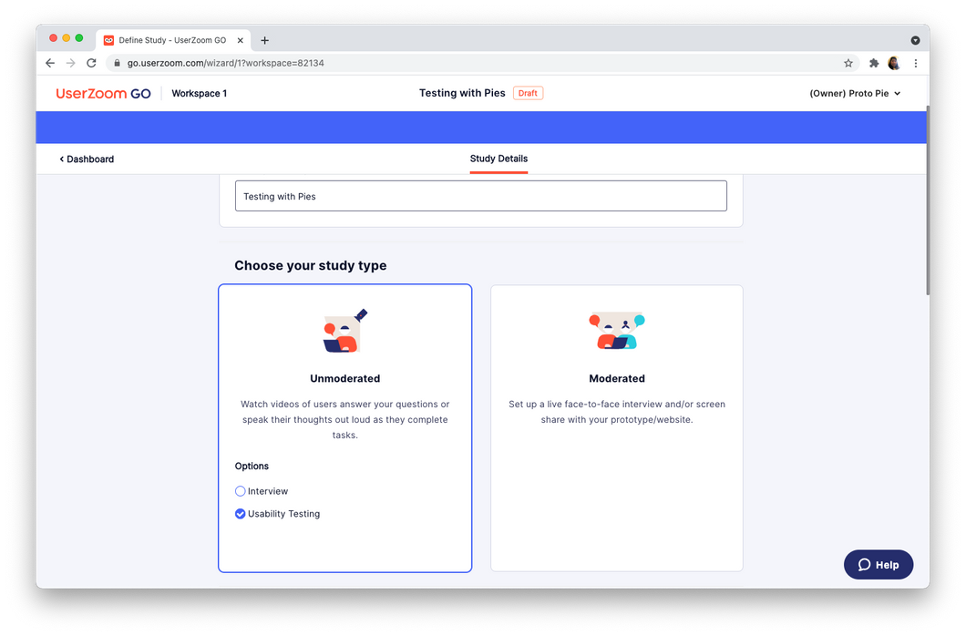 choosing the study type and device for the usability test on userzoom go