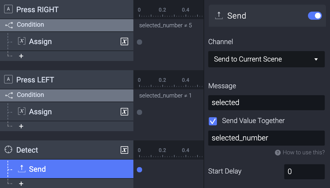 Send a message when the "selected_number" variable in the main scene changes