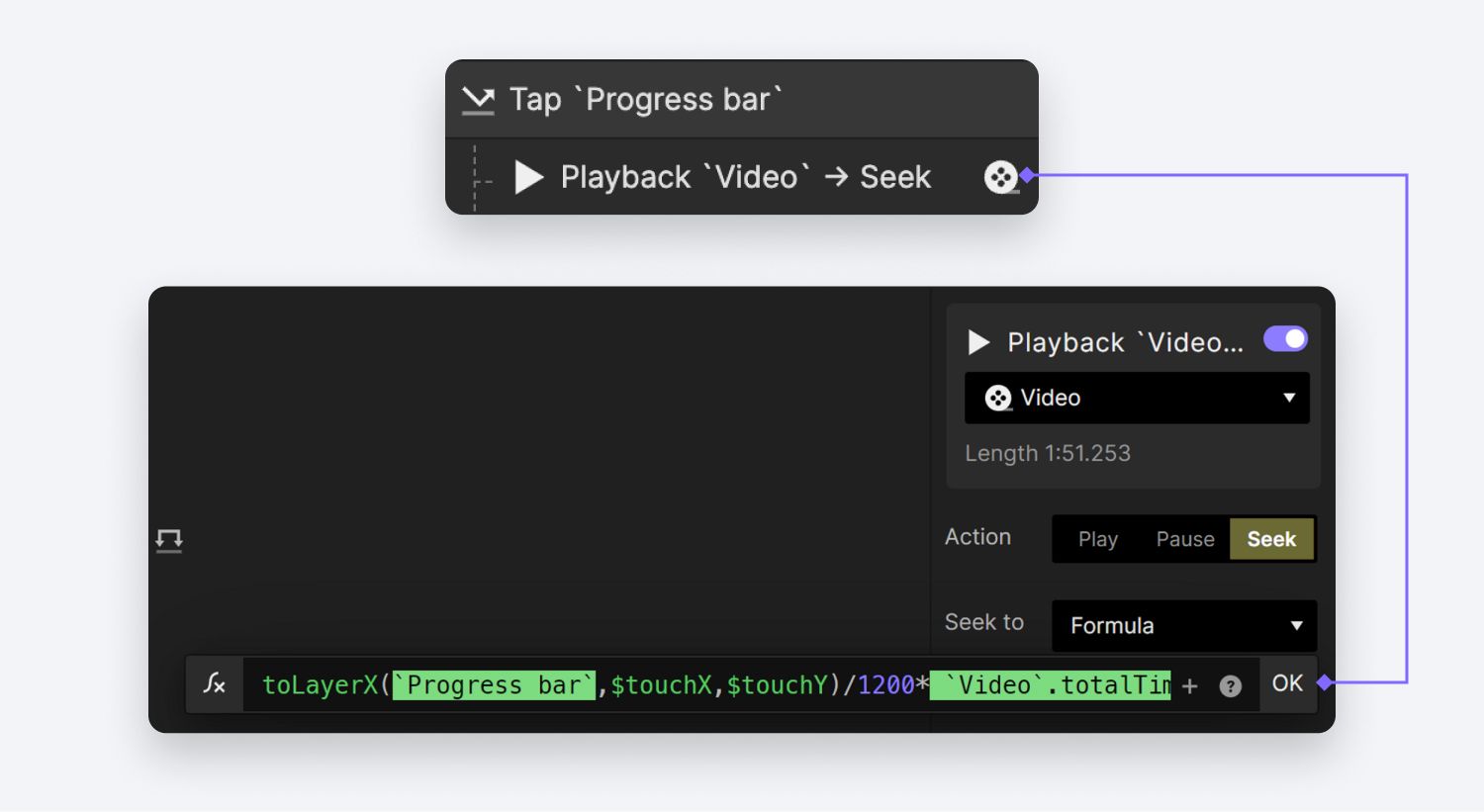Add a Tap trigger to the Progress Bar group followed by a Playback response to the Video layer.