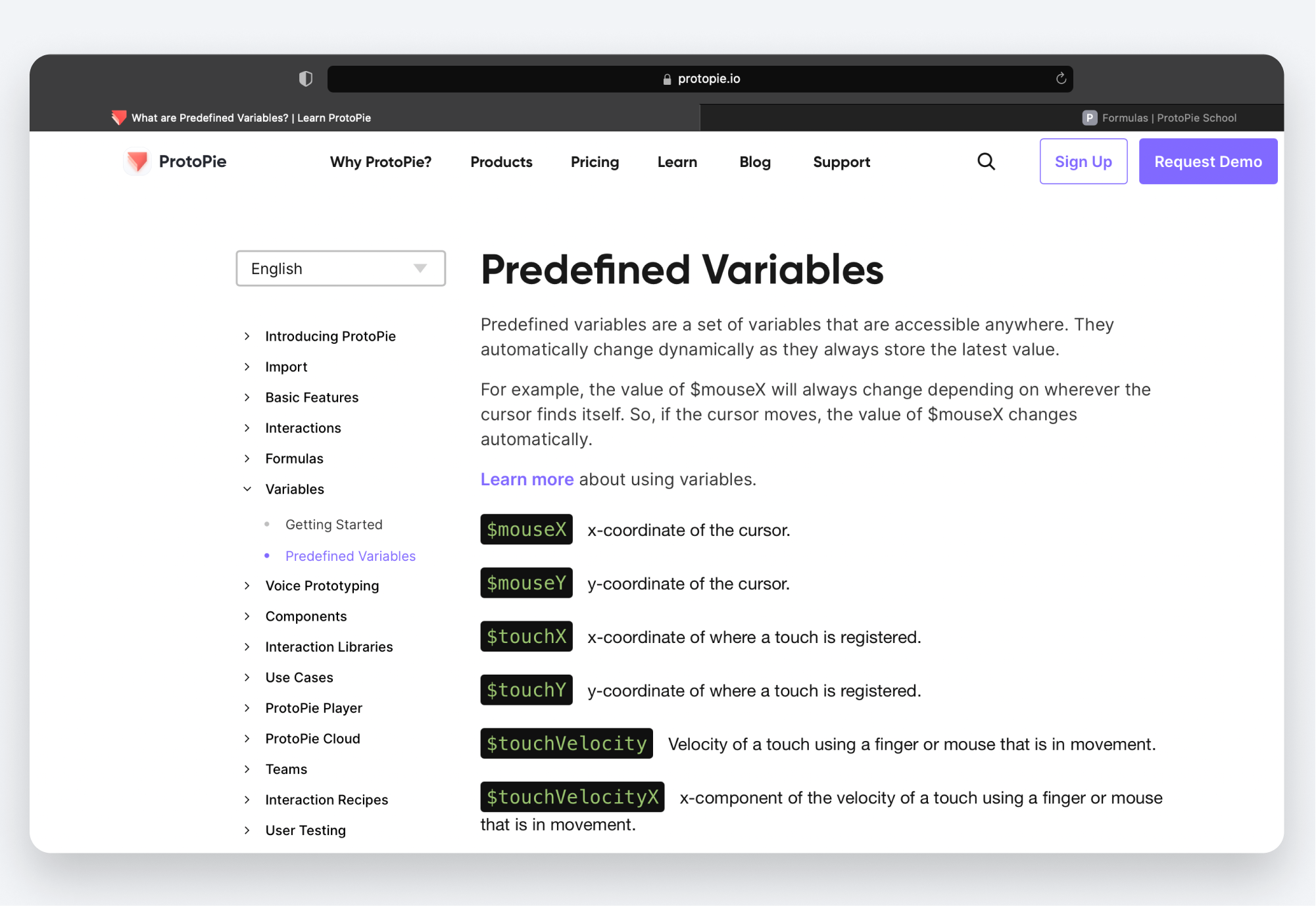 predefined variables protopie website