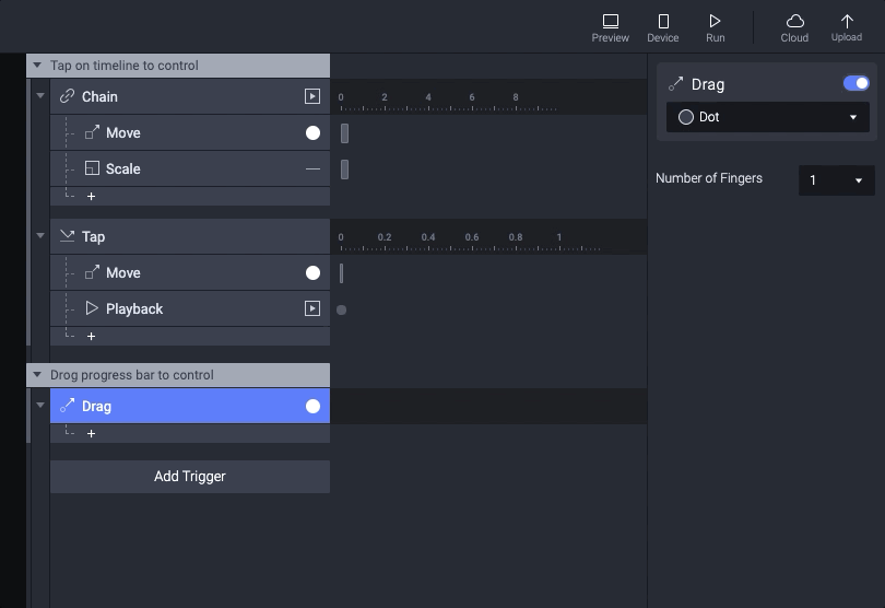 Adding a drag trigger and a move response in ProtoPie Studio