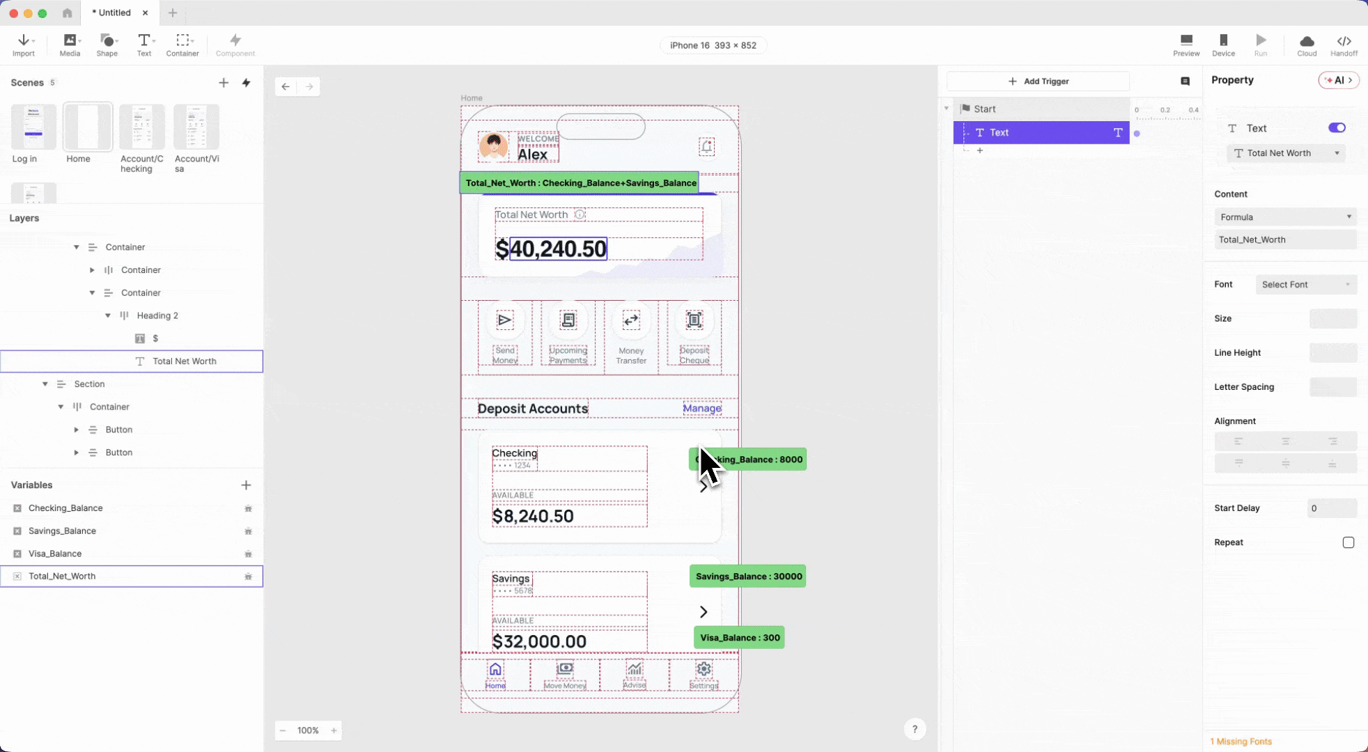ProtoPie canvas in preview mode showing the Pie Bank home dashboard with all four balances displaying as formatted currency โ total net worth 38,000.00, checking 8,000.00, savings 30,000.00, and visa 300.00 โ after applying the ProtoPie number formatting formula